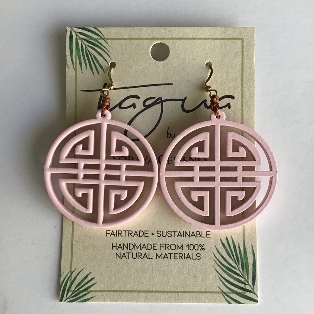 TAGUA Nut Medallion Earrings Asian-Style Pink Lacquer Open Work Lightweight NEW